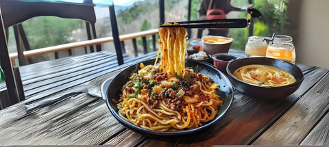 Mongolian noodles with ground beef and truffle oil in a delicious meat sauce