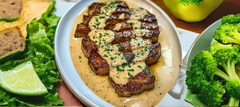 Delicious steak with truffle cream sauce and savory sides in a gourmet presentation.
