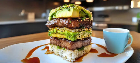 Stacked steak and avocado tower served in a Beef Teriyaki and Rice article.